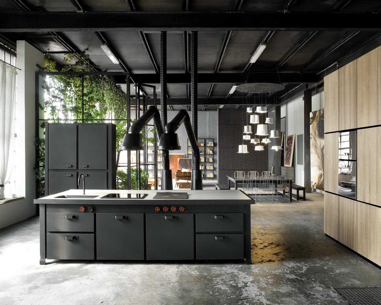 Metal kitchen with island in a industrial style with handles Minacciolo Mina