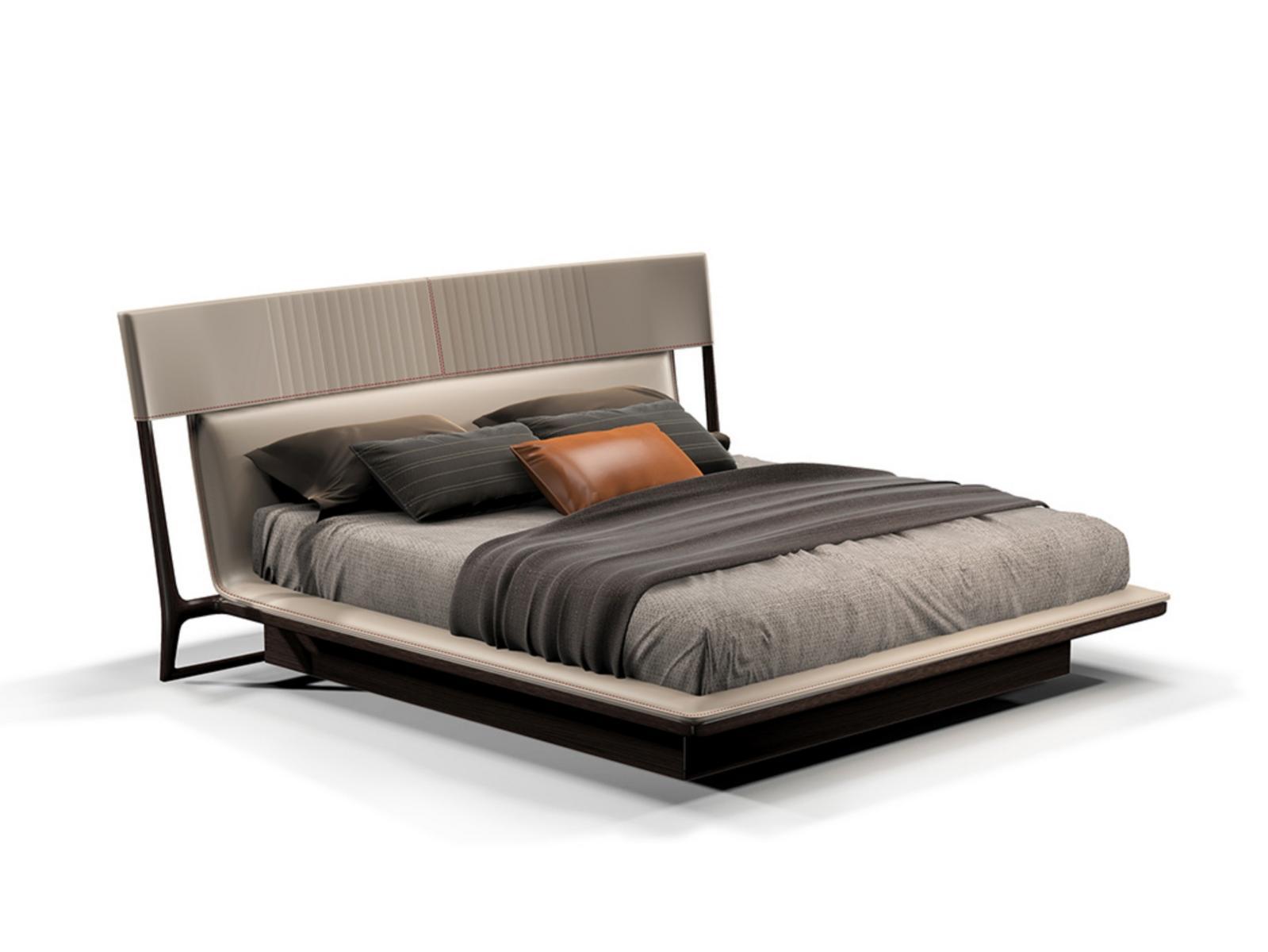 Solid wood double bed with leather upholstered headboard | Vine by Turri