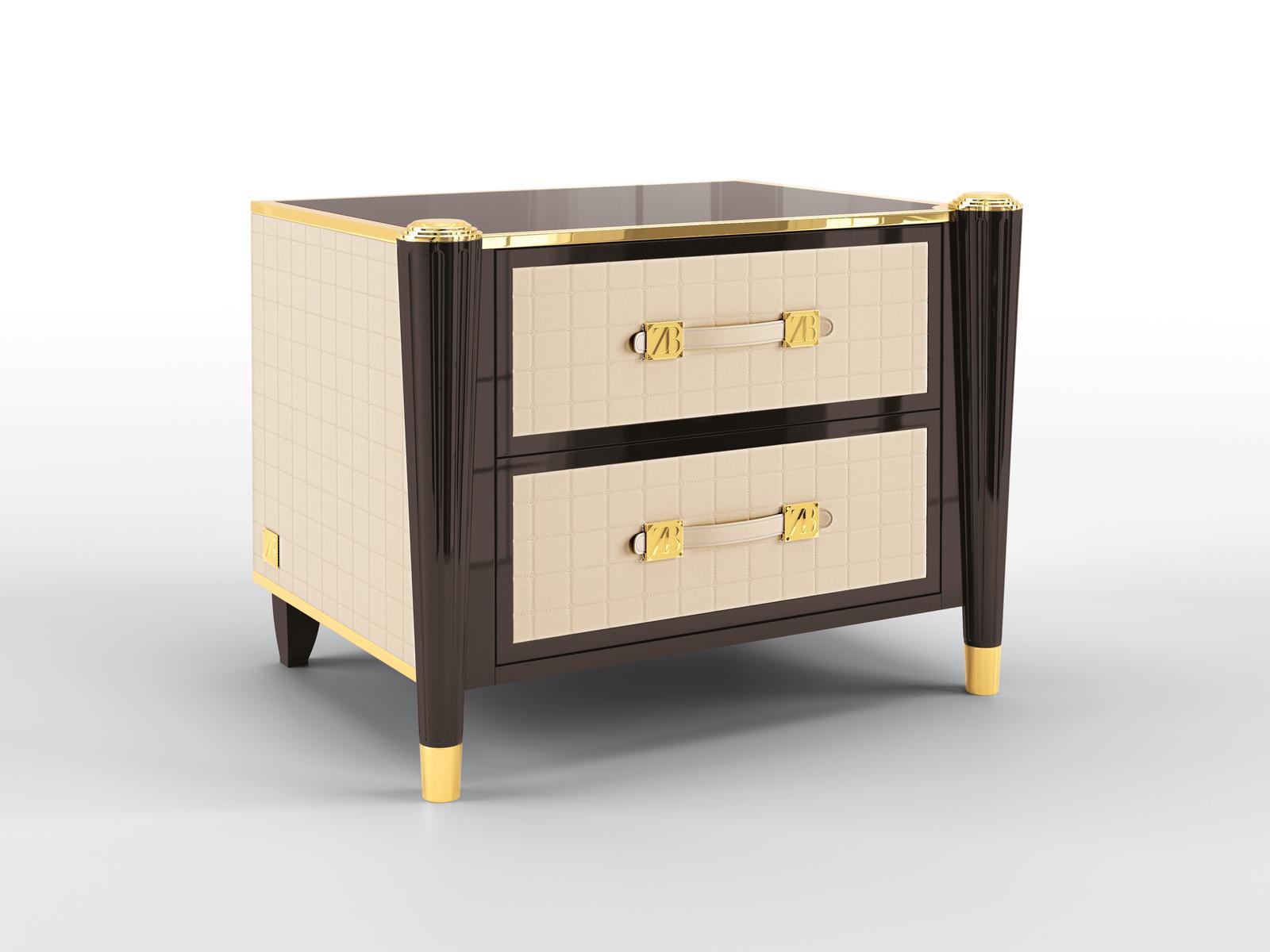 Bedside table with drawers in lacquered wood and leather | Remington by Bruno Zampa