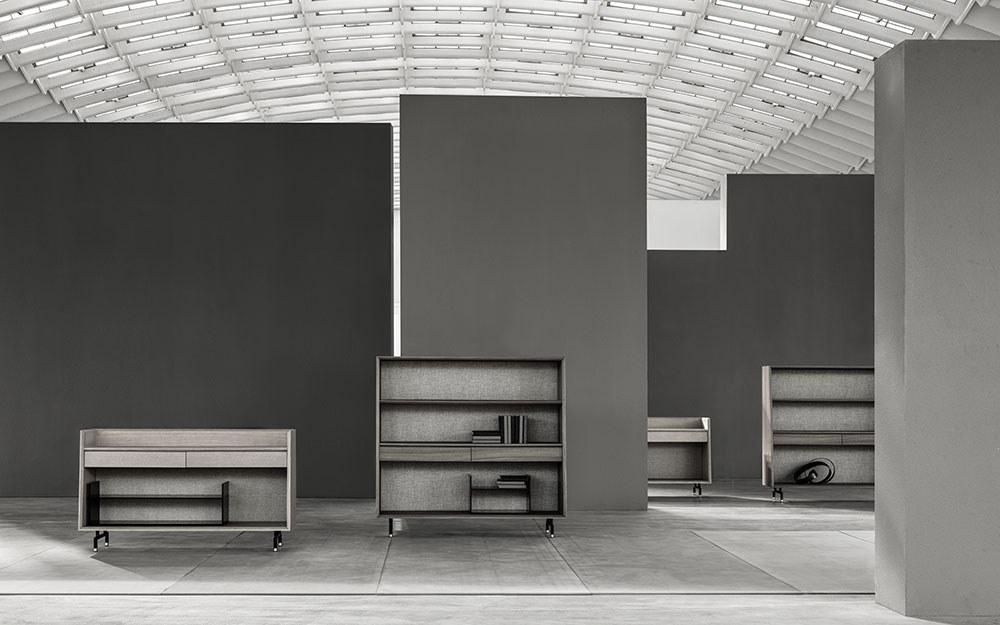 Freestanding walnut and fabric bookcase with drawers | Analog by Frigerio