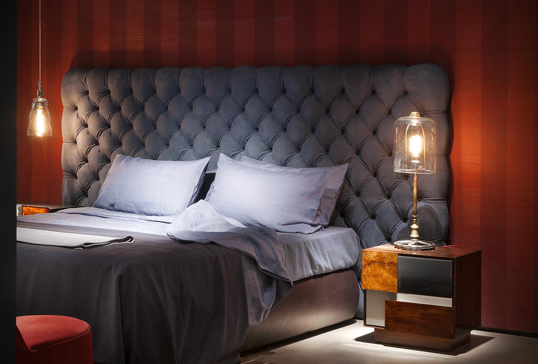 Leather double bed with tufted headboard |  by Baxter