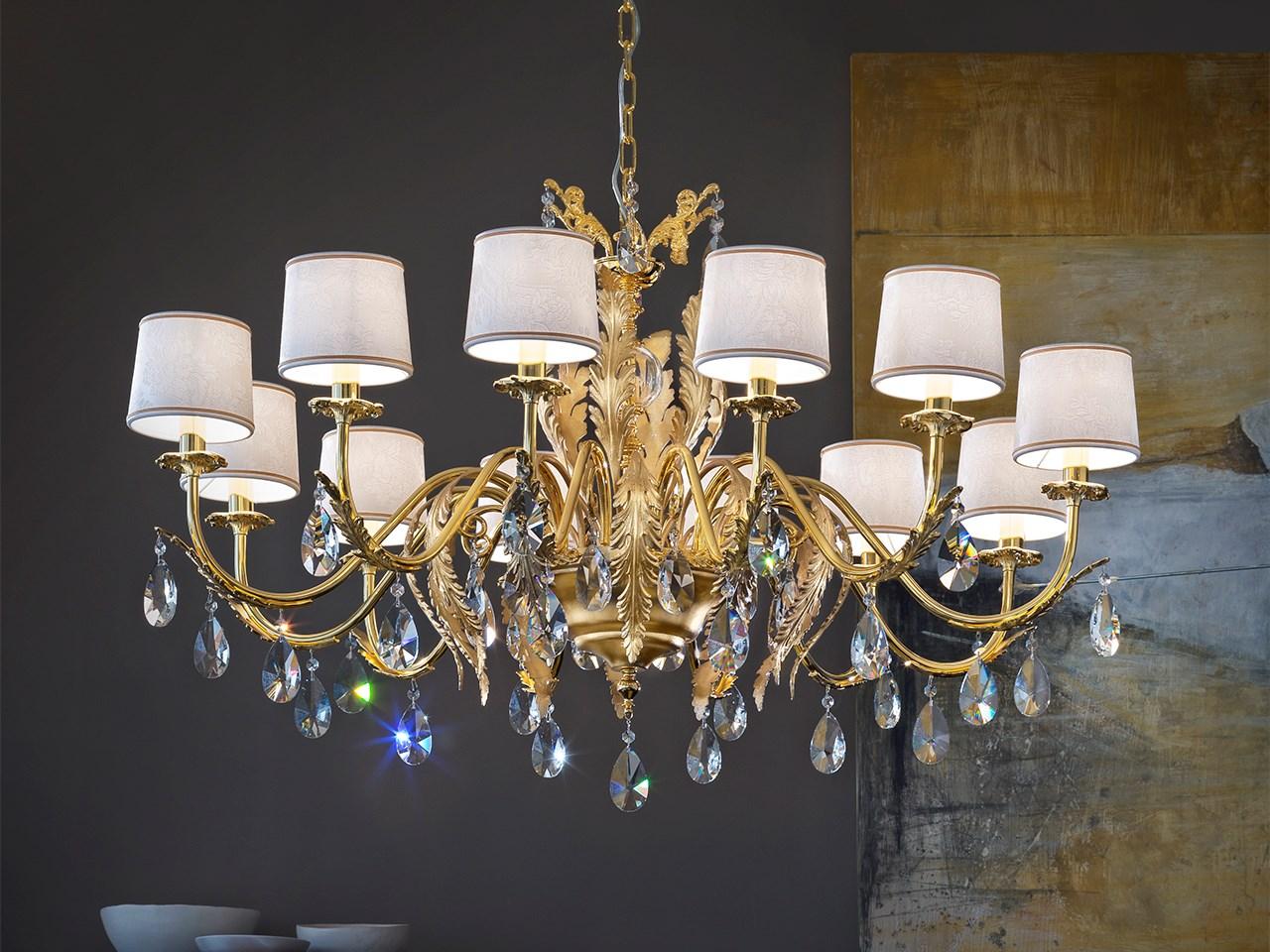 Direct light gold leaf chandelier with crystals | Acantia 12 by Masiero