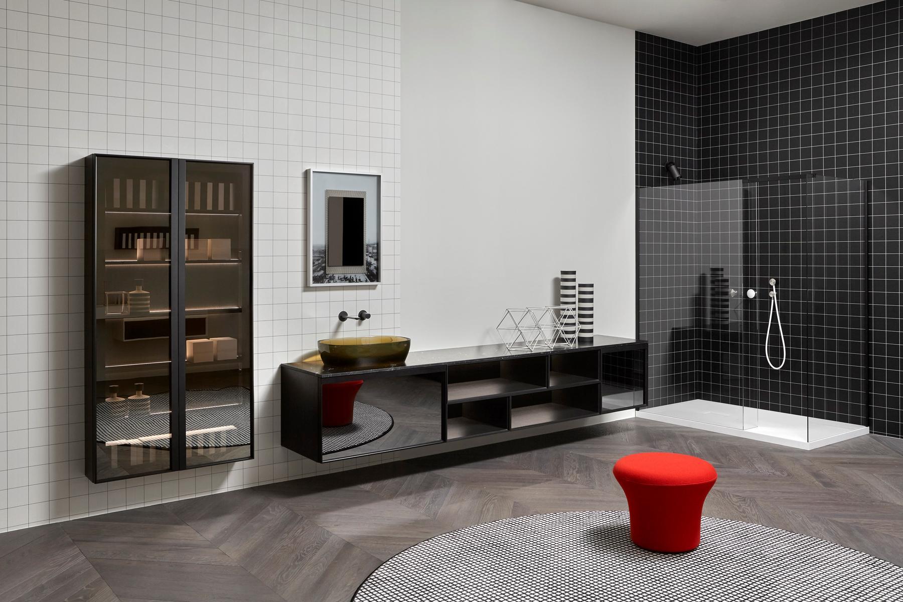 Suspended wood and glass bathroom cabinet with doors | Bemade by Antonio Lupi