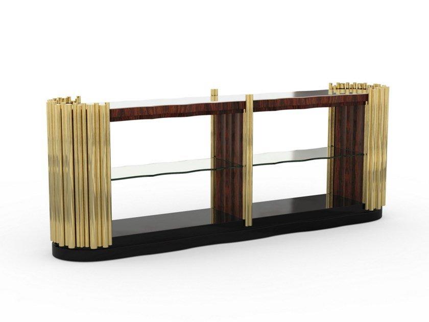 Oval rosewood and brass console table with glass shelving | Symphony by Boca Do Lobo