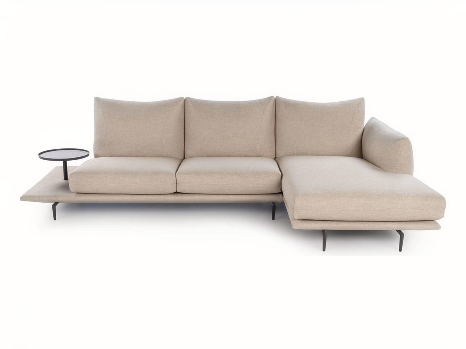 Elegant sectional with heightened backrests for superior comfort, minimal base, and decorative stitching, combining sophistication with supported relaxation. | Dragées by Calia Italia