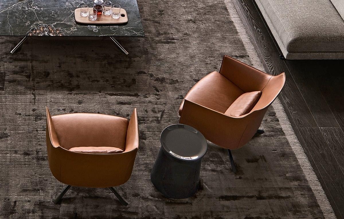 Swivel tanned leather armchair with armrests | Stanford by Poliform