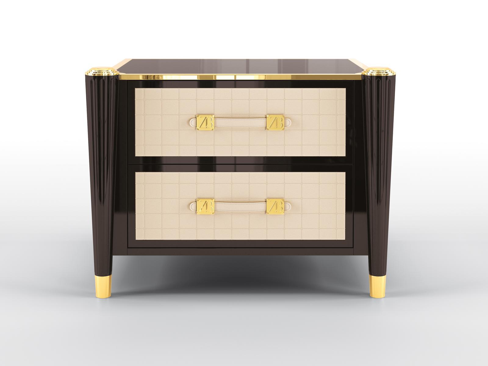Bedside table with drawers in lacquered wood and leather | Remington by Bruno Zampa