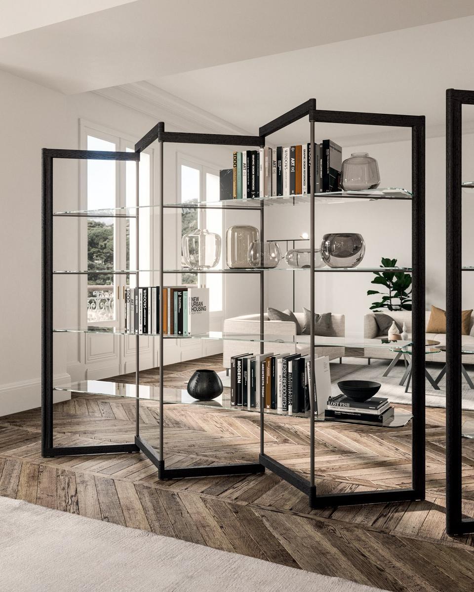 Self-supporting double-sided shelf in glass and wood | Panto by Ozzio Italia