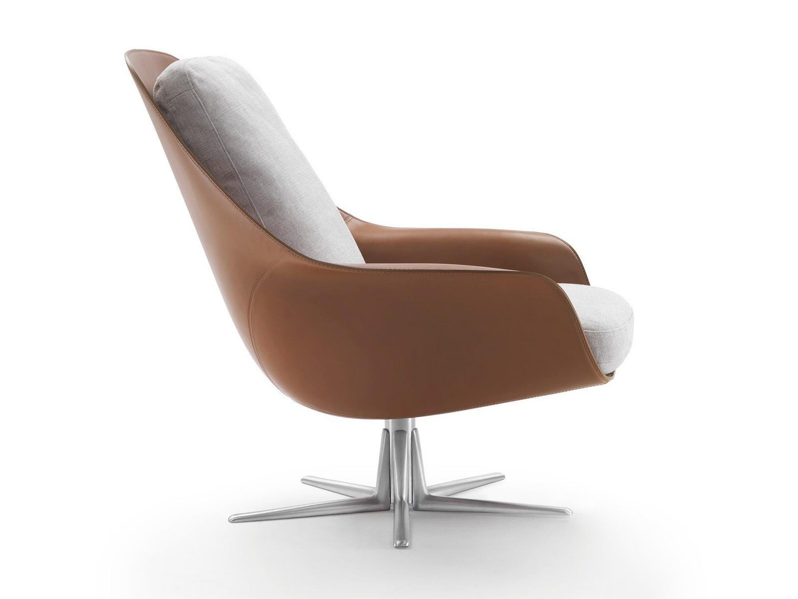Swivel leather armchair with 5-spoke base with armrests | Sveva by Flexform