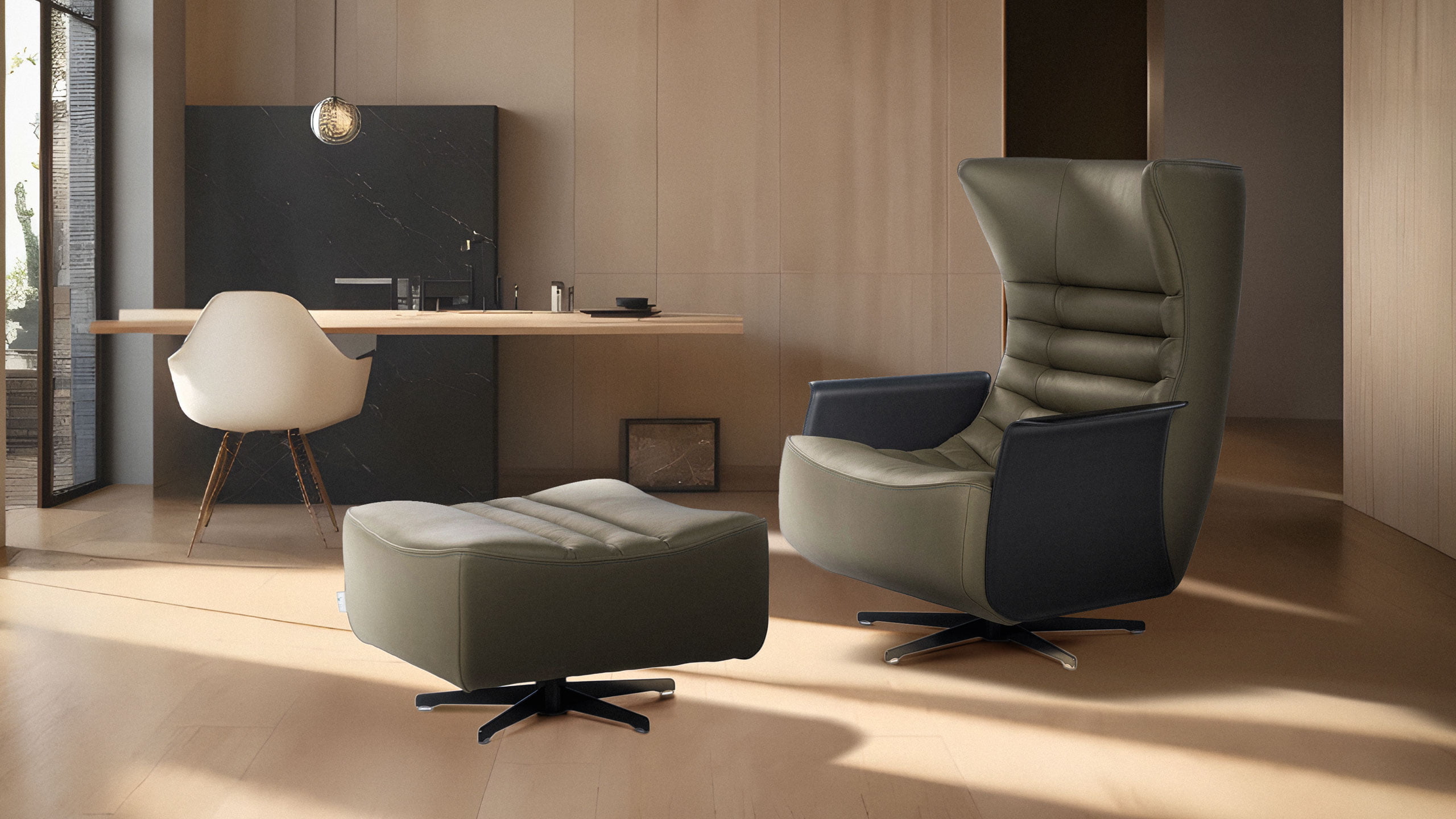 The 'Gerrit' armchair is a comfortable, modern classic with quilting detail that extends to a matching footstool. Optional swivel base and customizable finishes cater to personal or office use. | Gerrit by Calia Italia