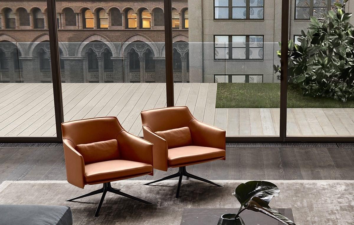 Swivel tanned leather armchair with armrests | Stanford by Poliform