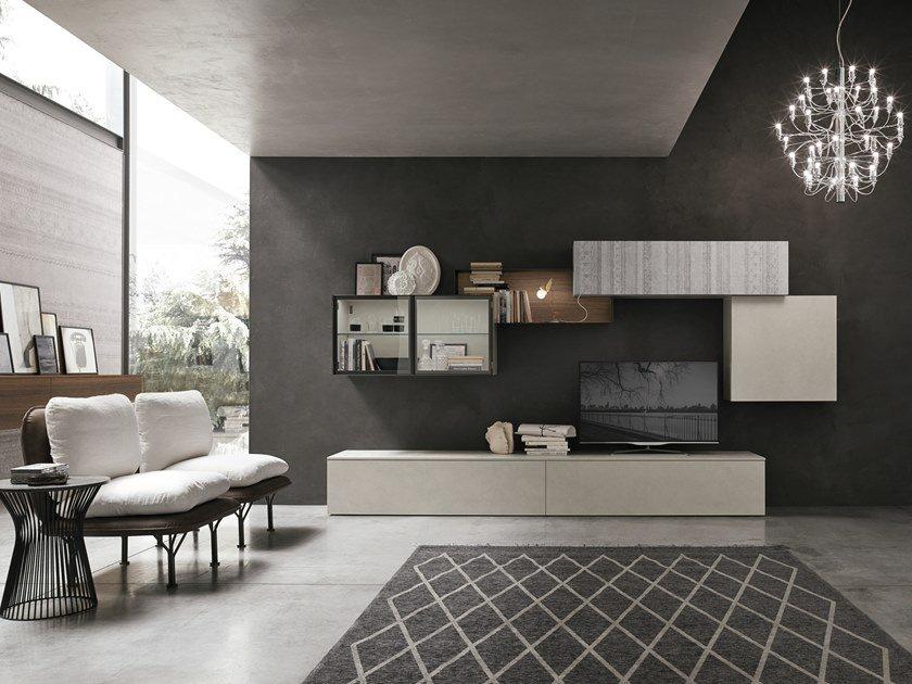 Contemporary style sectional wall-mounted engineered wood storage wall | Unit A123 by Tomasella