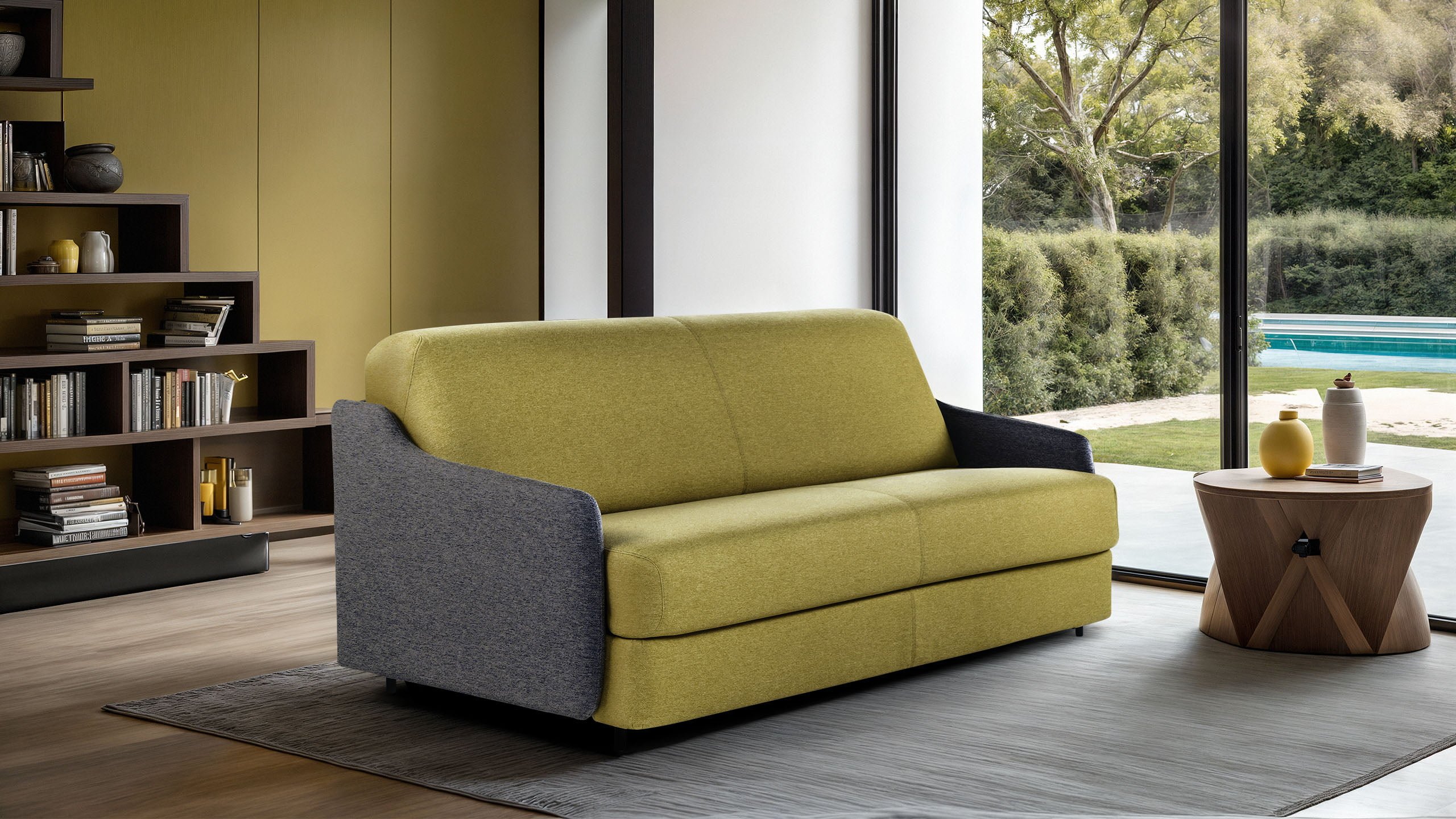 Modern, space-efficient sofa bed with easy transformation mechanism and comfortable 17 cm mattress in polyurethane or Memory foam, featuring slender armrests for added roominess. | Elodie by Calia Italia