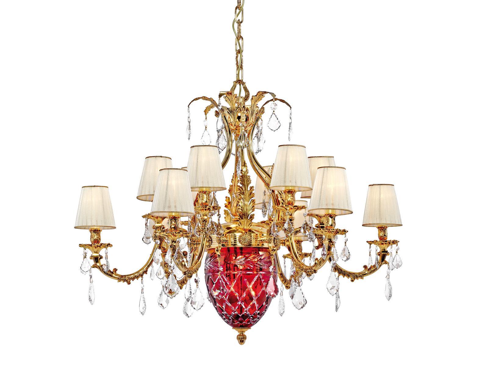 Shaded gold plated chandelier con Schoeler crystals | Lara 4400/12+3-sh/p by Possoni Illuminazione