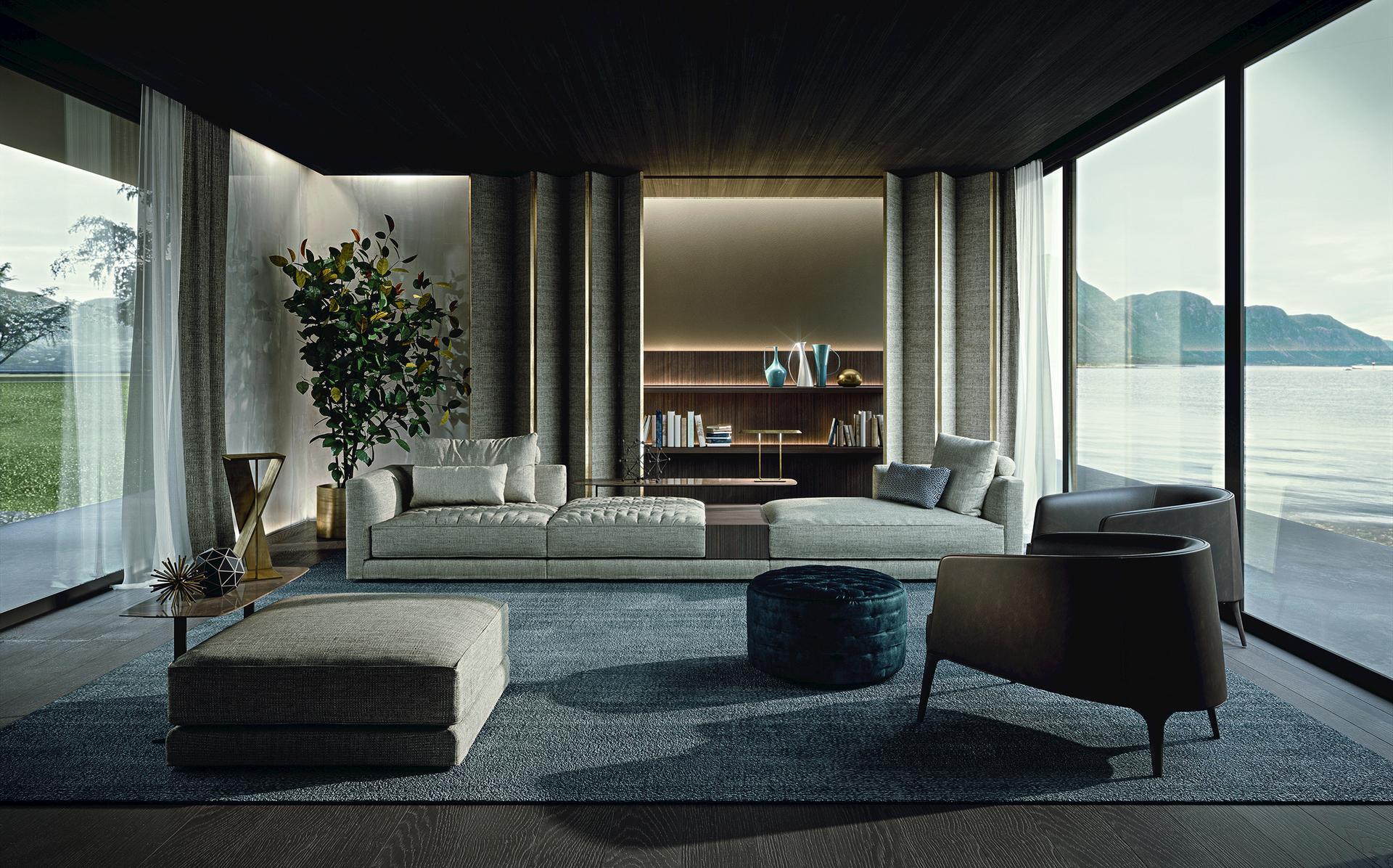 Sectional fabric sofa with integrated magazine rack | Miller by Frigerio