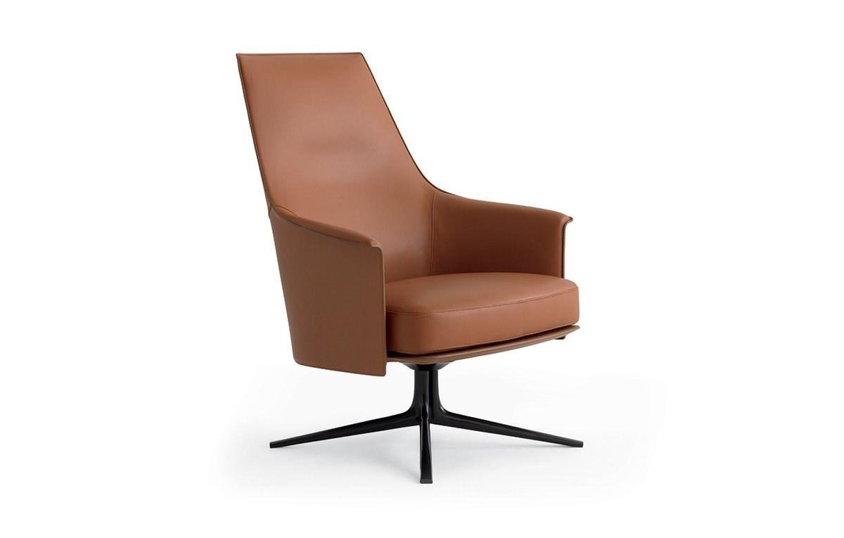 Swivel leather armchair with 4-spoke base with armrests | Stanford Lounge by Poliform