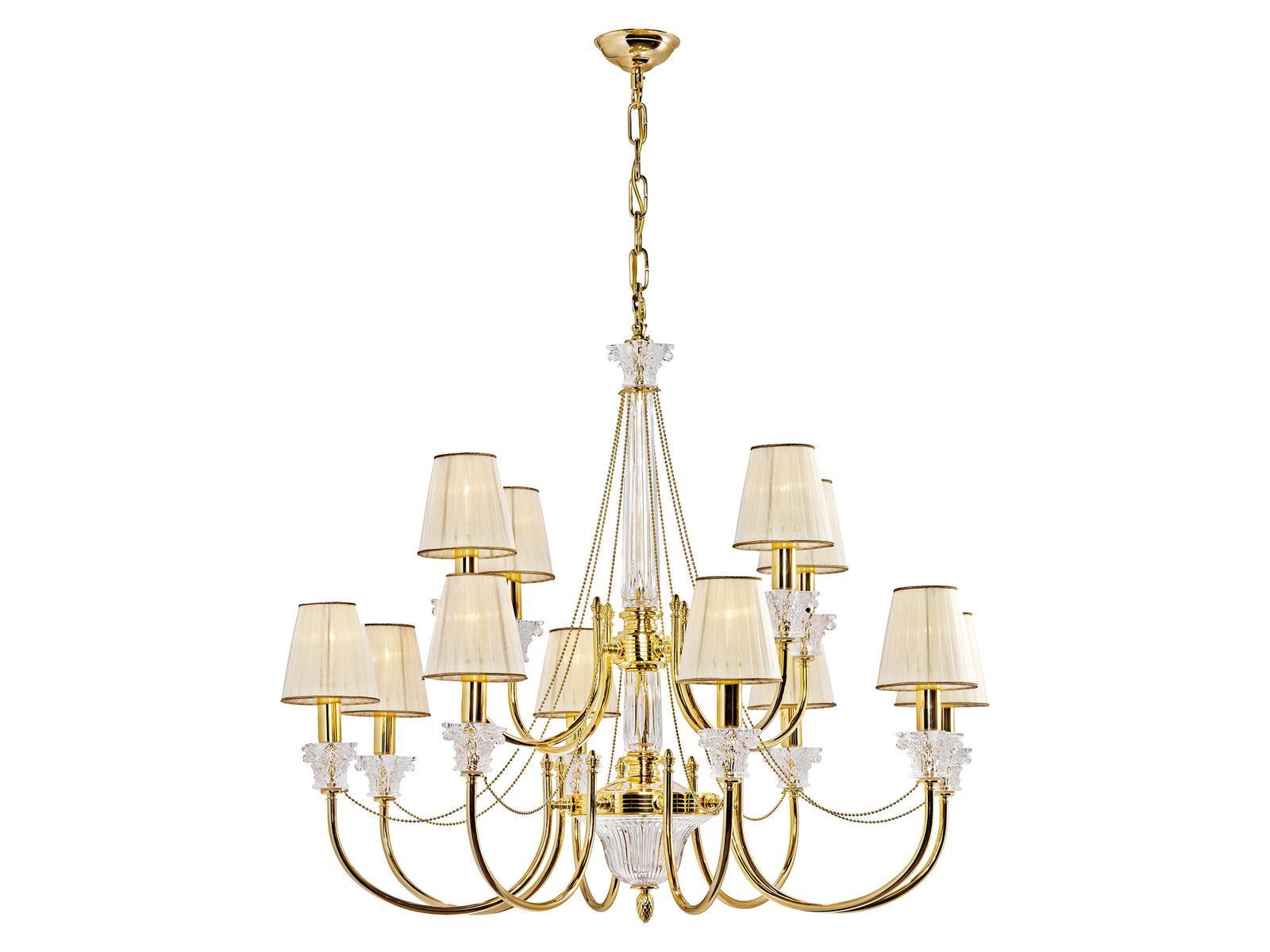 Gold plated finish chandelier with crystal and shade | Vicky 37089/8+4 by Possoni Illuminazione