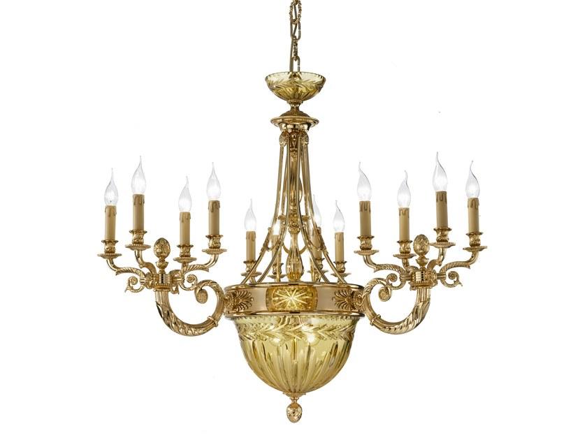 Shaded gold plated chandelier with amber crystal | Amber 430/15+2 by Possoni Illuminazione