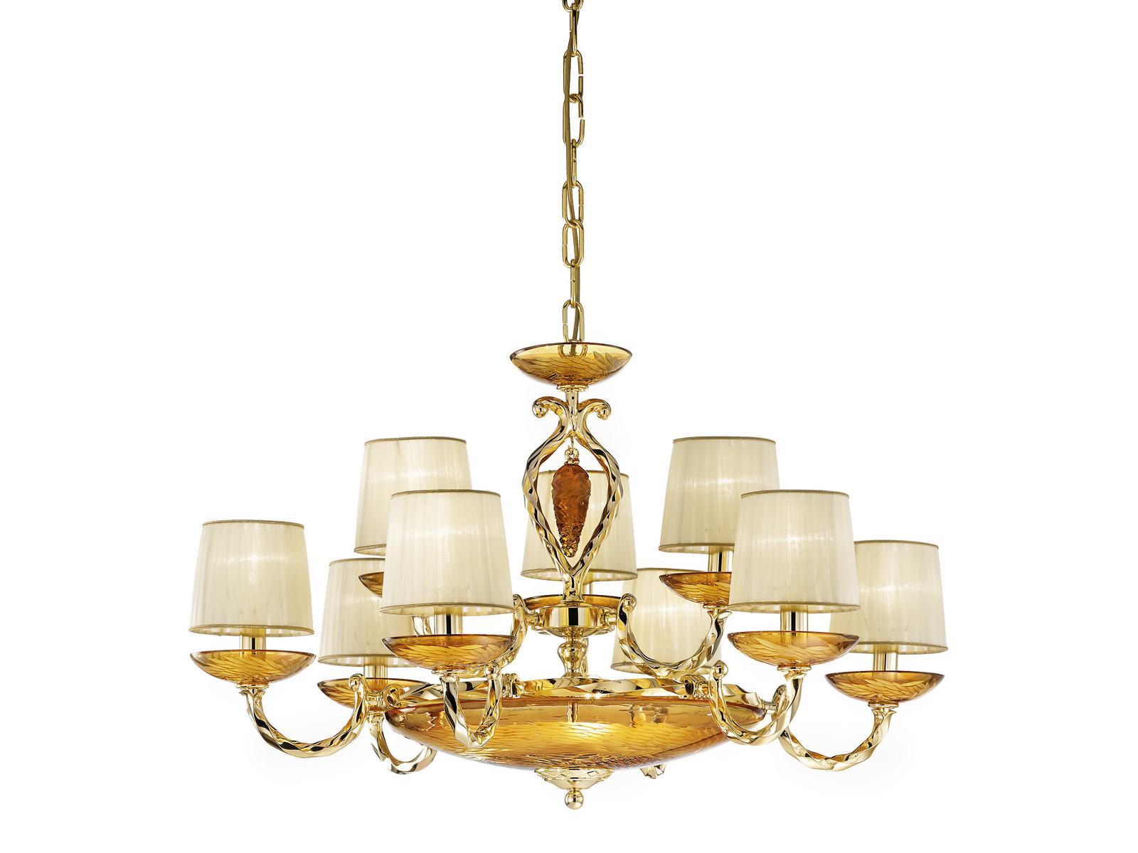 Gold plated chandelier with amber crystal and shades | Arianna 535/6+3+3 by Possoni Illuminazione