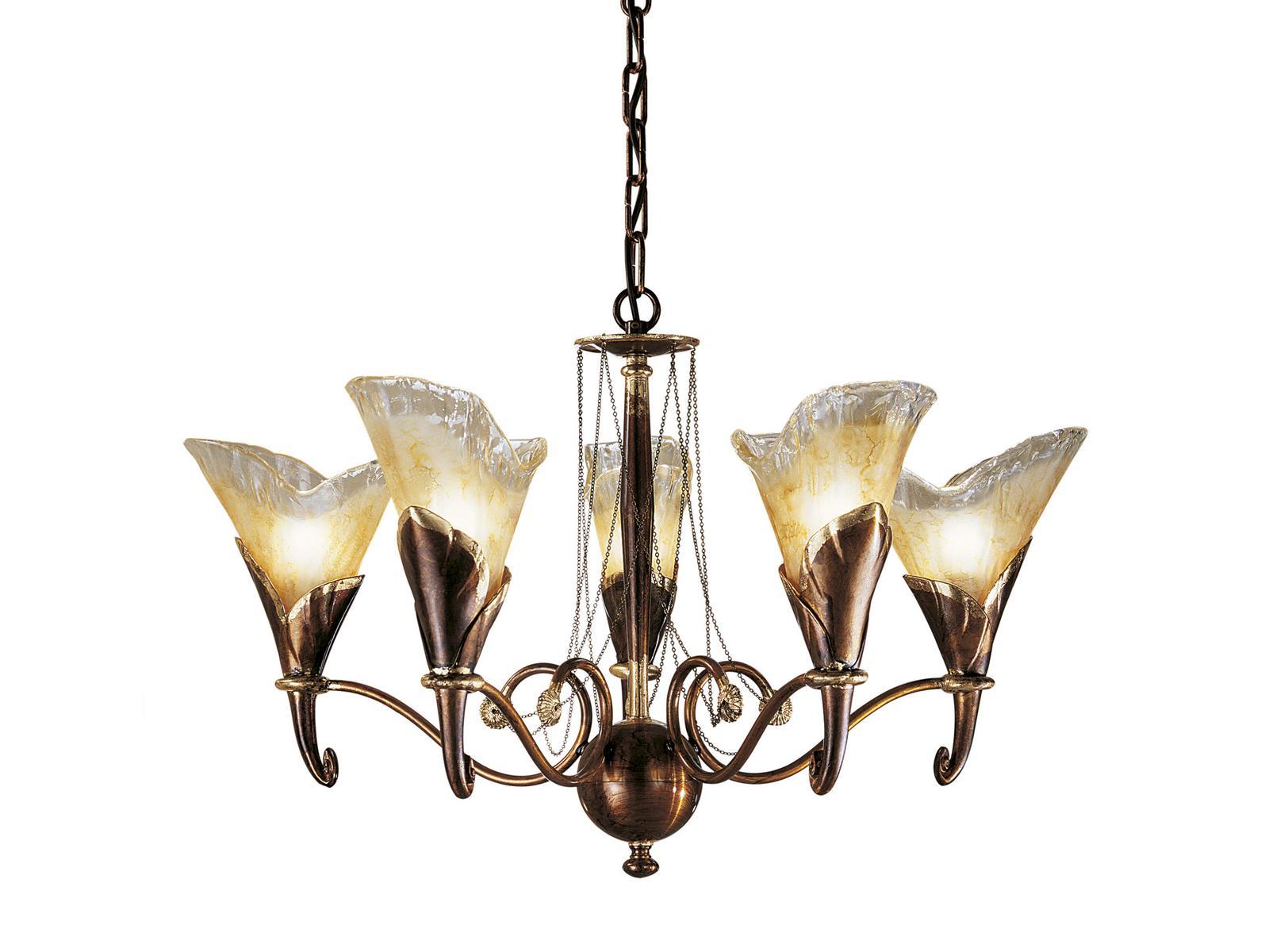 Rust/gold leaf chandelier with amber glass | Creamy 315/5 by Possoni Illuminazione