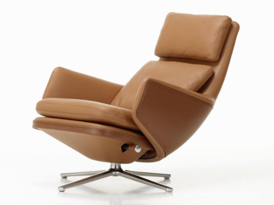 Recliner leather armchair with 4-spoke base with headrest | Grand Relax by Vitra