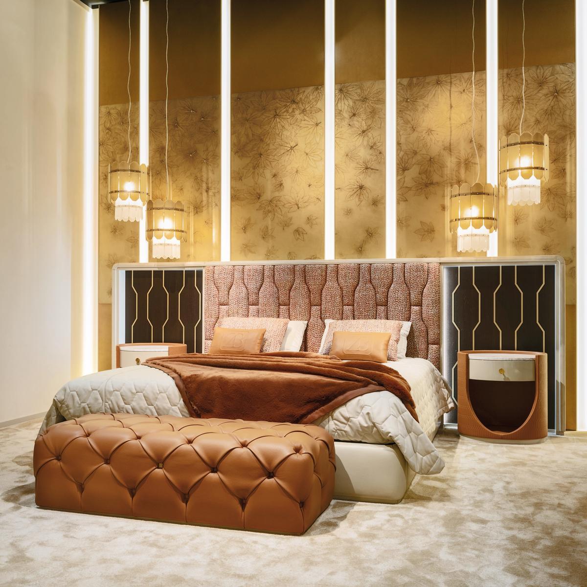 Leather bed with fabric and canaletto walnut headboard | Cleo by Bruno Zampa