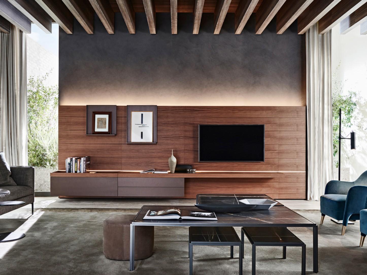 Sectional wooden storage wall with integrated lighting | Grid by Molteni