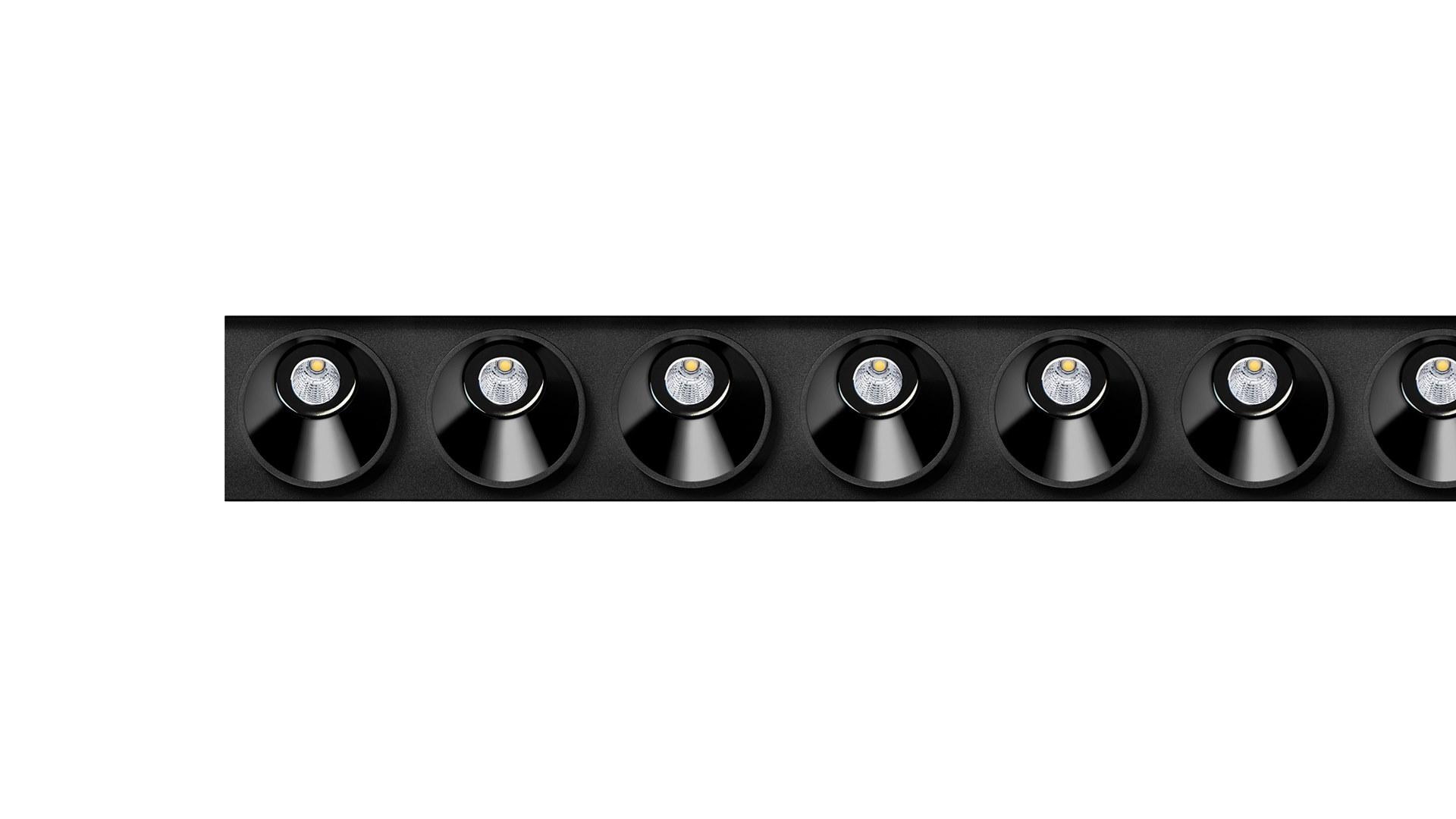 Ceiling mounted aluminium linear lighting profile for downlights | Black Foster Asymmetric Custom by Arkoslight