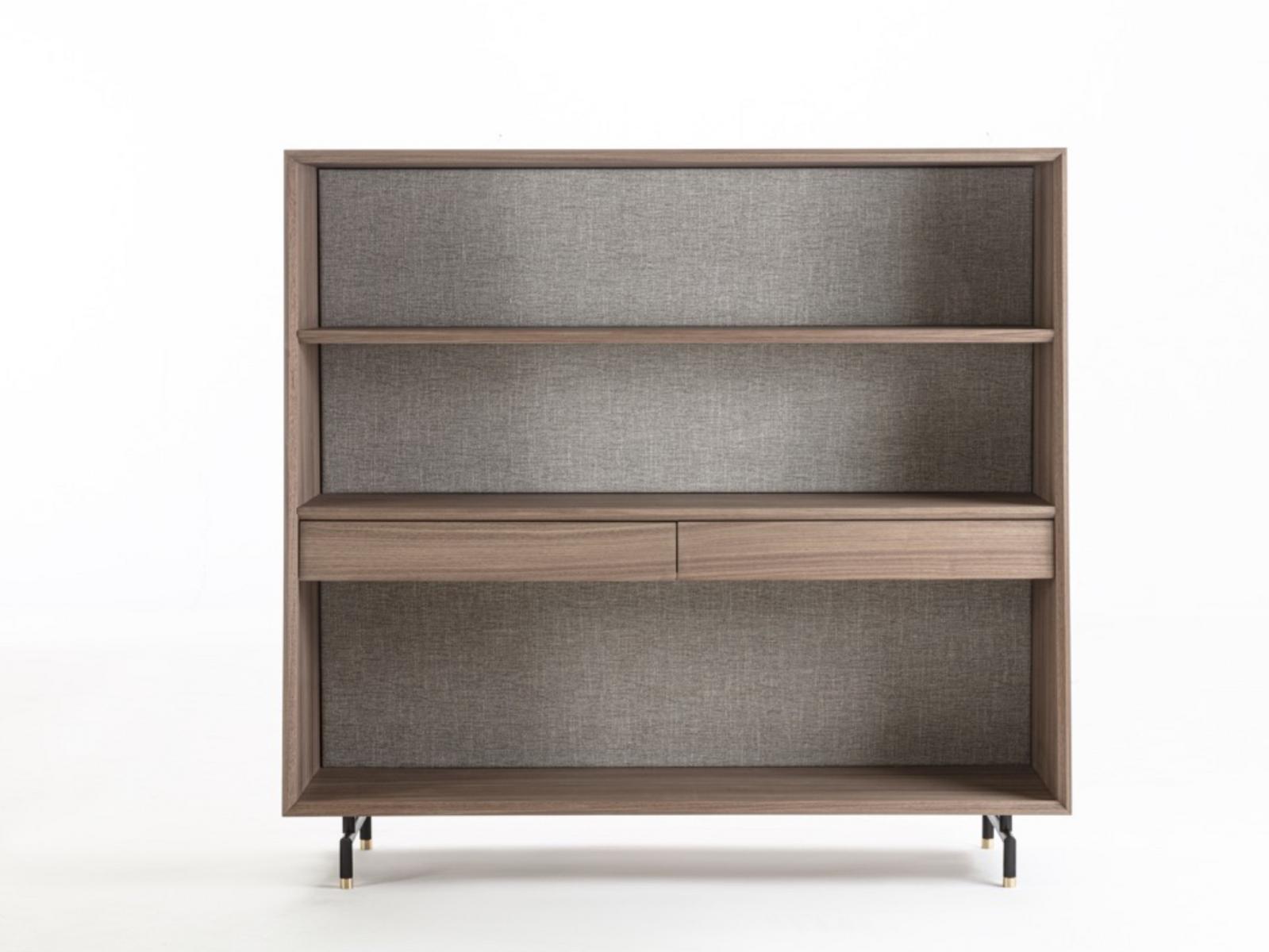 Freestanding walnut and fabric bookcase with drawers | Analog by Frigerio