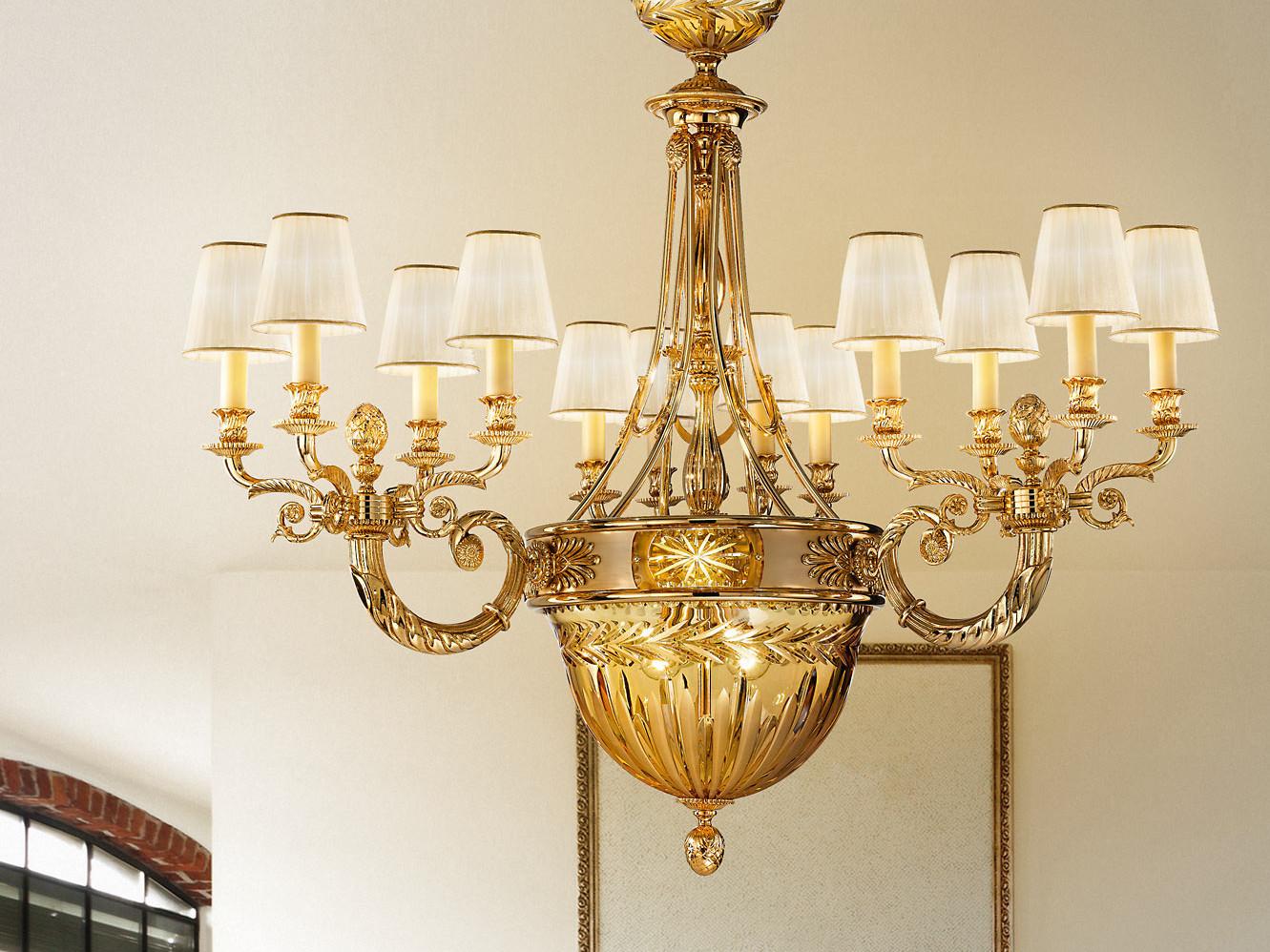 Shaded gold plated chandelier with amber crystal and shades | Amber 431/15+2 by Possoni Illuminazione