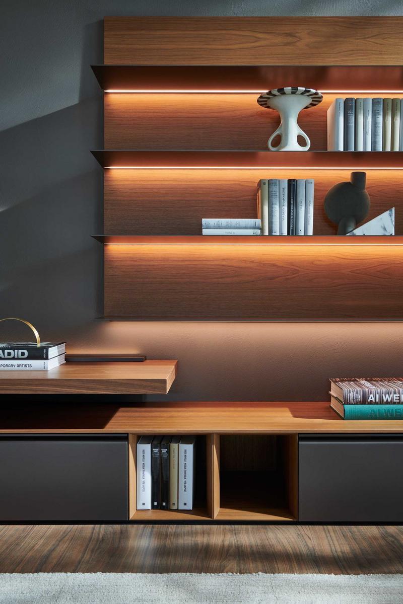 Sectional wooden storage wall with integrated lighting | Pass-word Evolution by Molteni