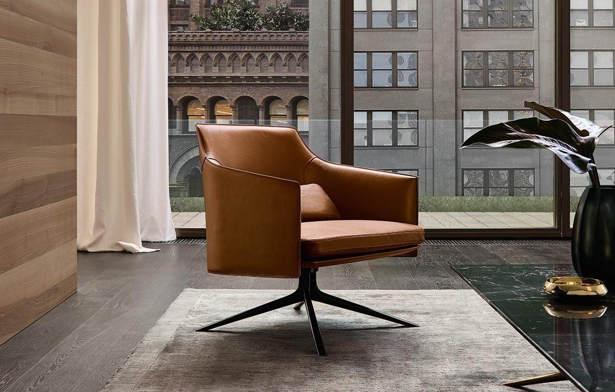 Swivel tanned leather armchair with armrests | Stanford by Poliform