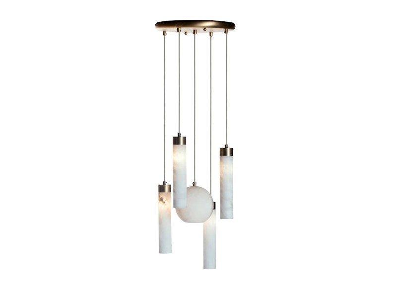 Light antique brass chandelier and alabaster | Tube & Ball 2005/s5 by Possoni Illuminazione