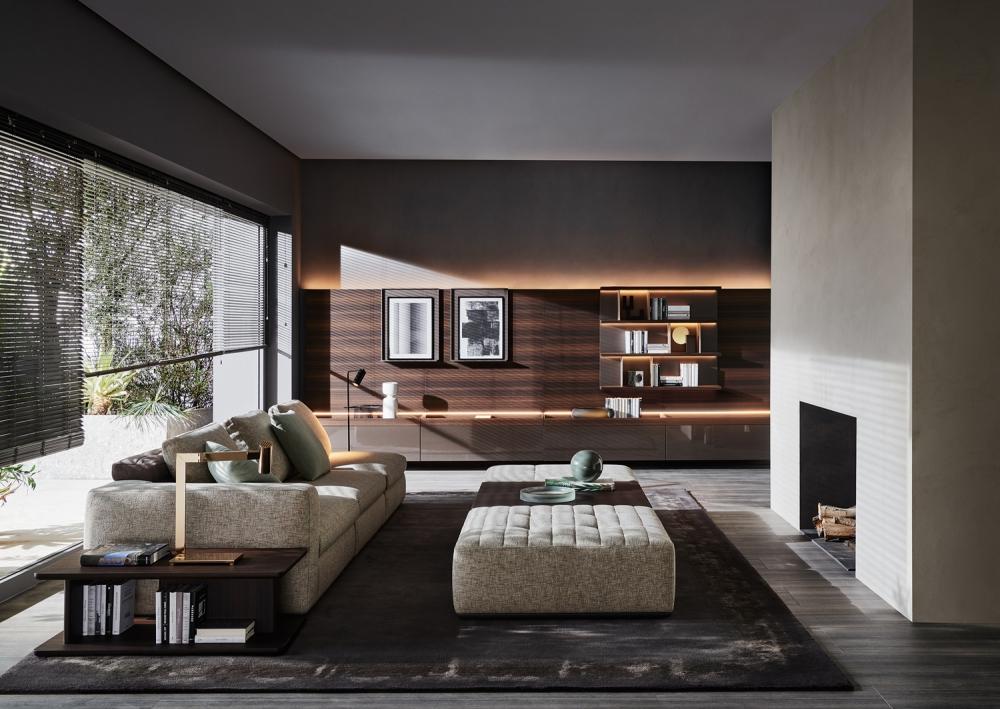 Sectional wooden storage wall with integrated lighting | Grid by Molteni