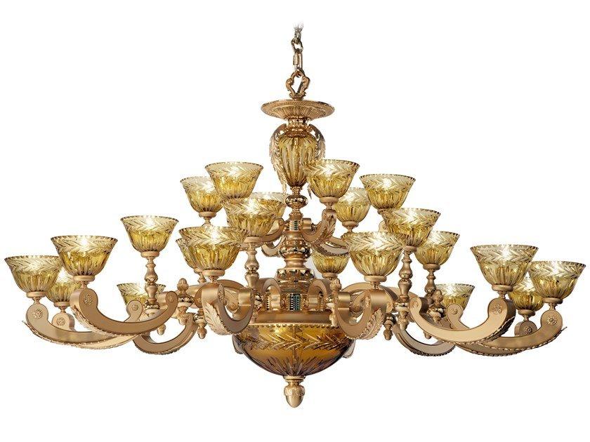 Sanded gold plated chandelier with amber crystal | Eden 265/24+3 by Possoni Illuminazione