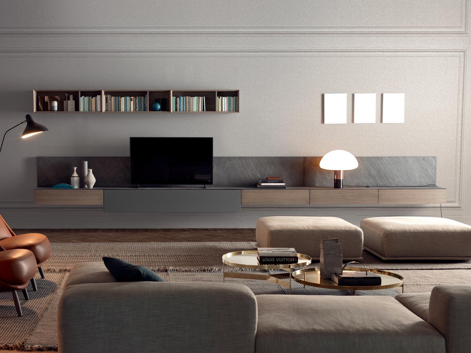 Sectional stone and wood storage wall | Spazio 04 by Pianca