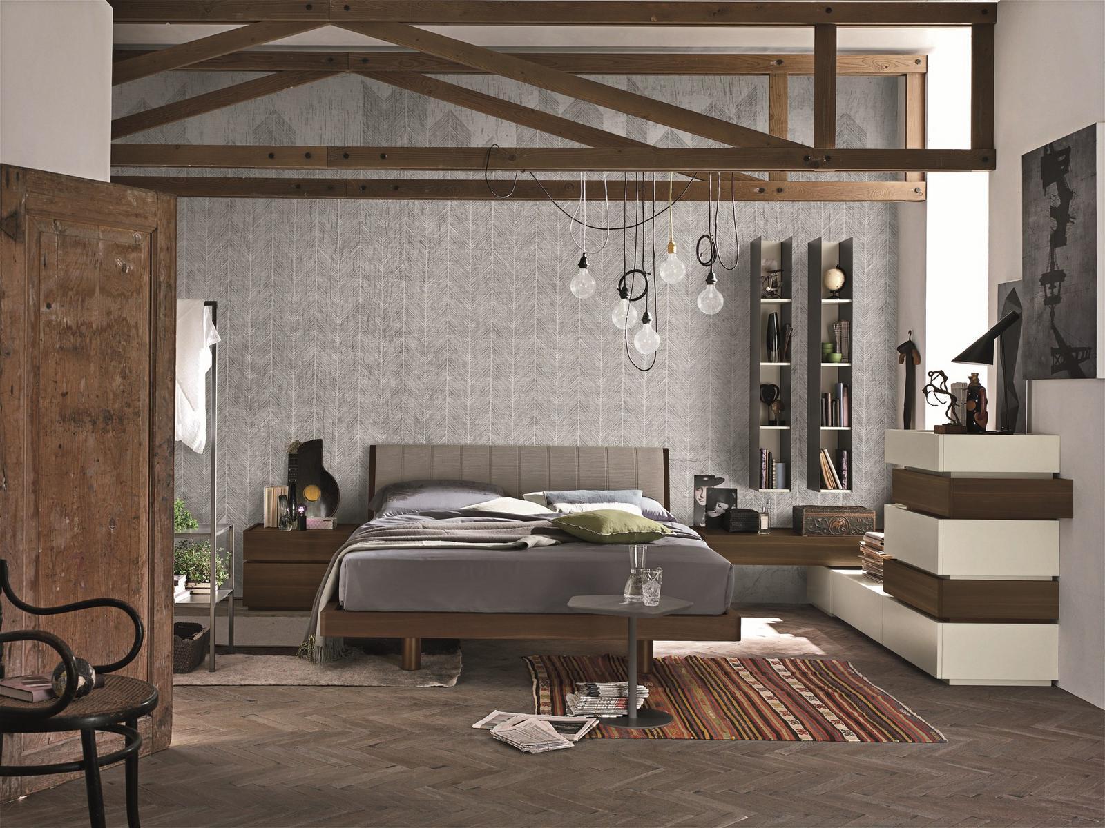 Oak double bed with upholstered headboard | Liz by Tomasella