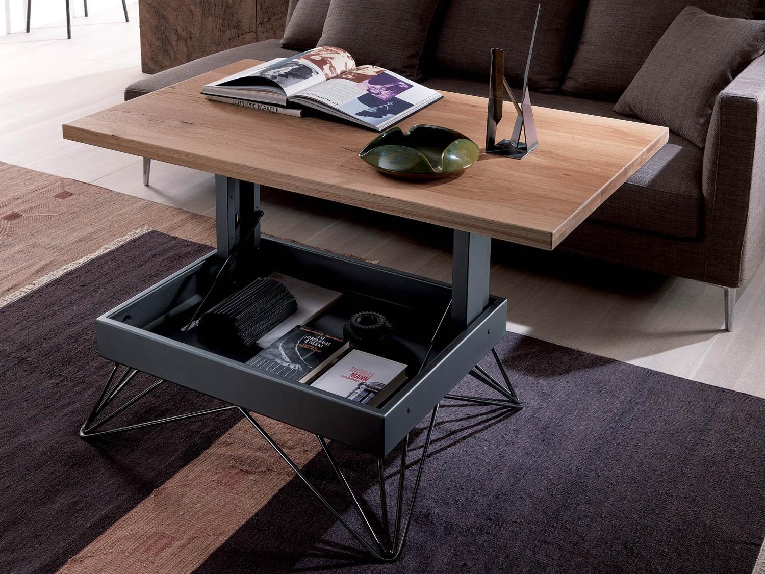 Height-adjustable wooden coffee table with integrated magazine rack | Radius by Ozzio Italia