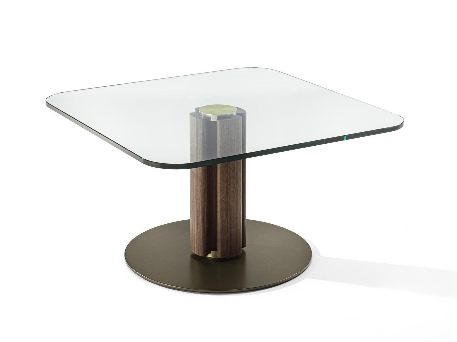 Square crystal coffee table and base in canaletta walnut | Quadrifoglio by Porada