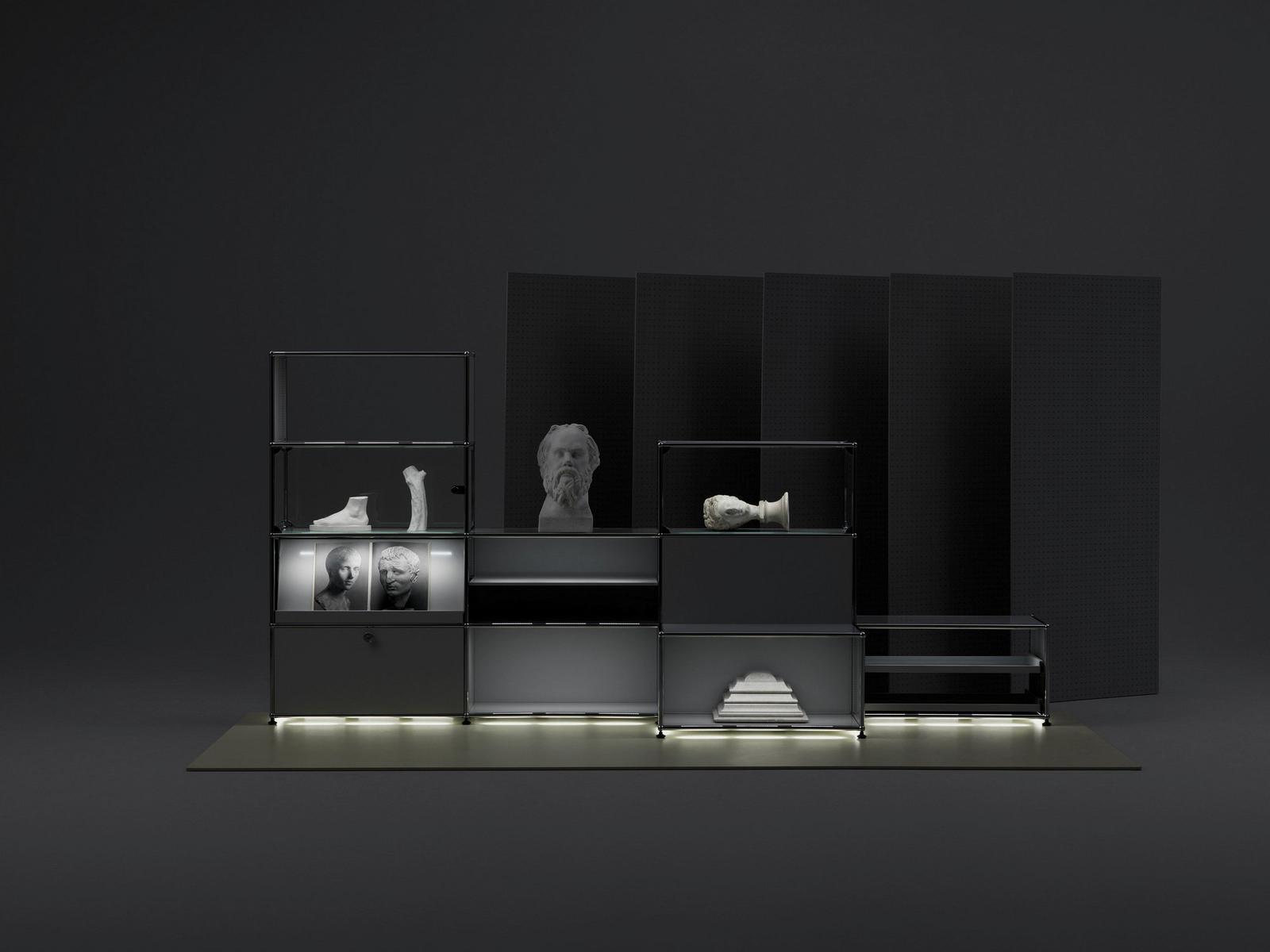 Modular shelving unit with built-in lights | Haller E by USM
