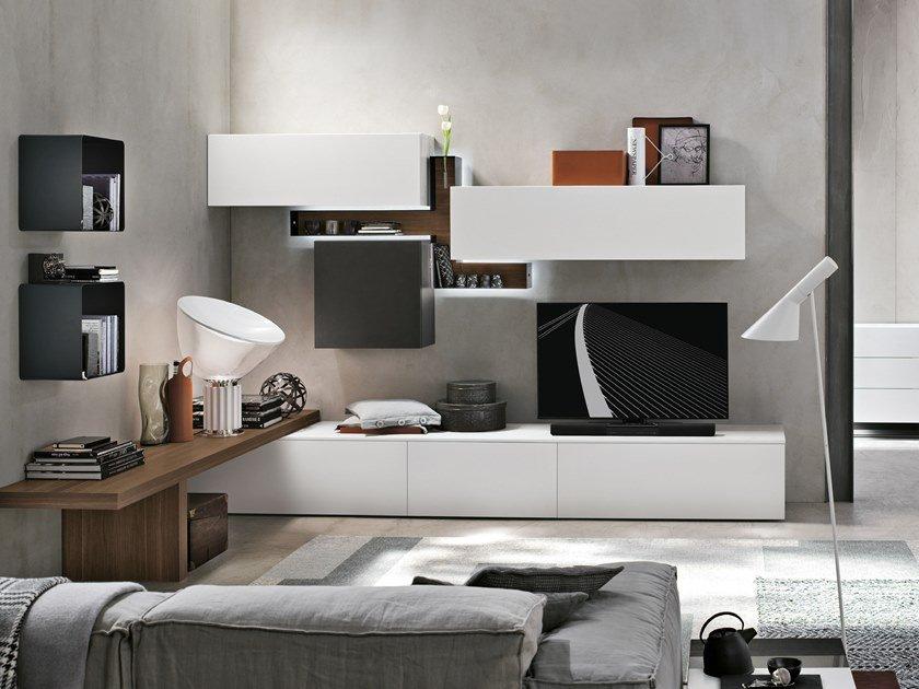 Sectional storage wall with integrated lighting | Unit A070 by Tomasella