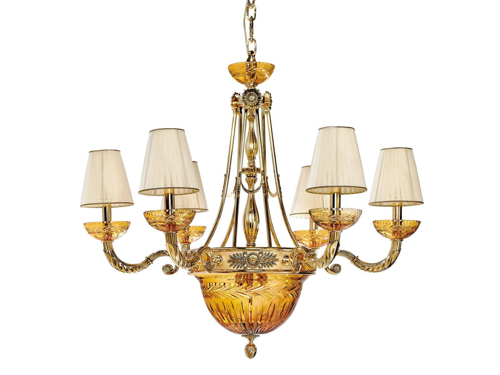 Shaded gold plated chandelier with amber crystal and shades | Amber 431/6+6 by Possoni Illuminazione