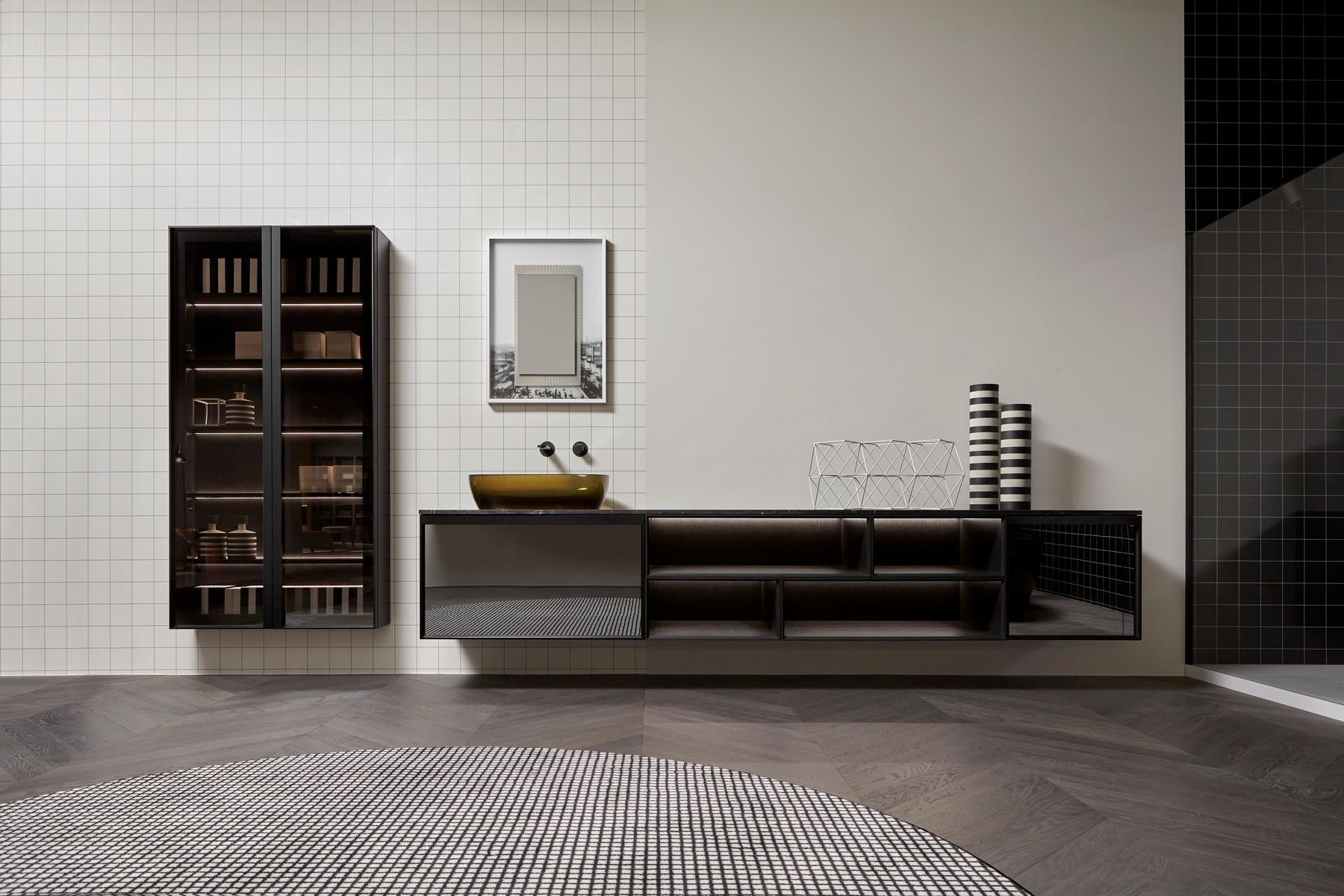 Suspended wood and glass bathroom cabinet with doors | Bemade by Antonio Lupi