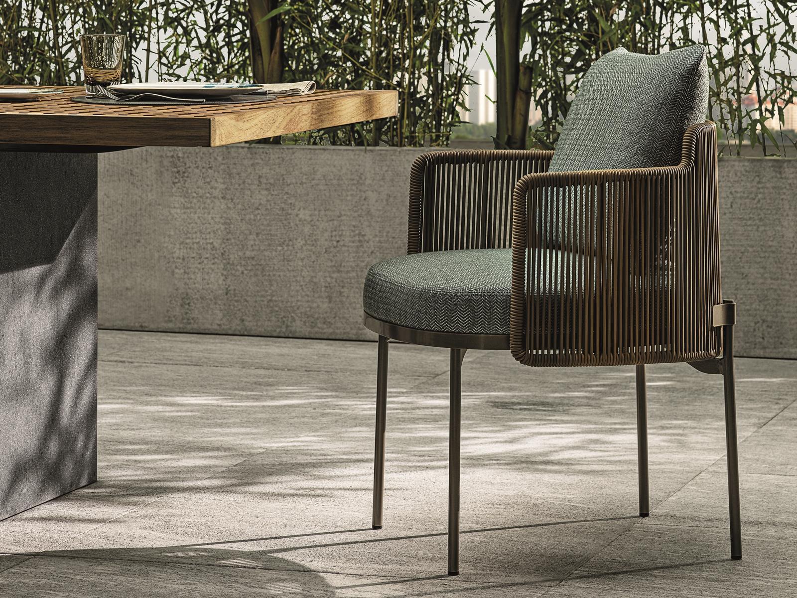 Upholstered fabric garden chair with armrests | Tape Cord Outdoor by Minotti