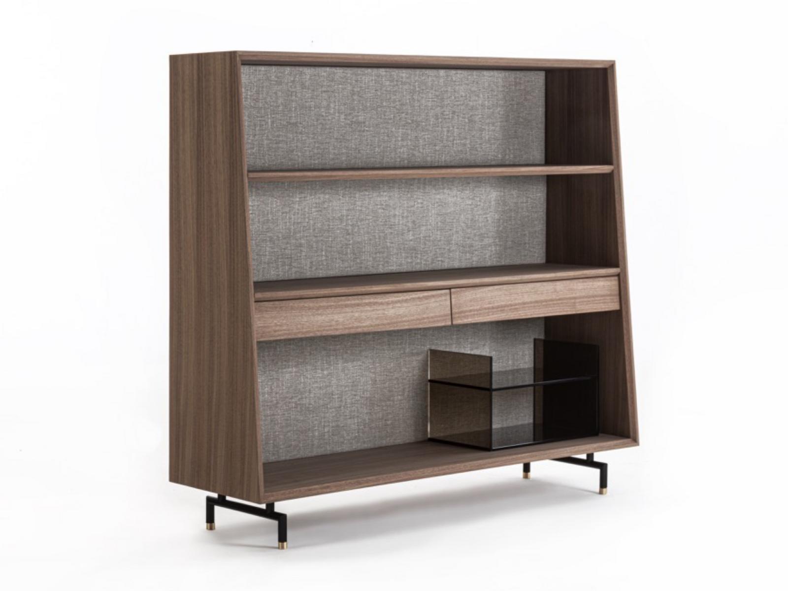 Freestanding walnut and fabric bookcase with drawers | Analog by Frigerio
