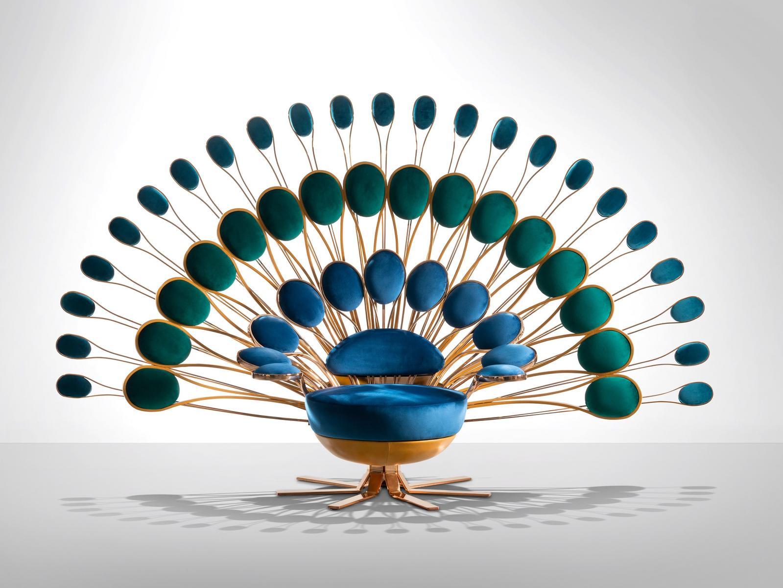 Upholstered high-back brass armchair | Pavone by Visionnair