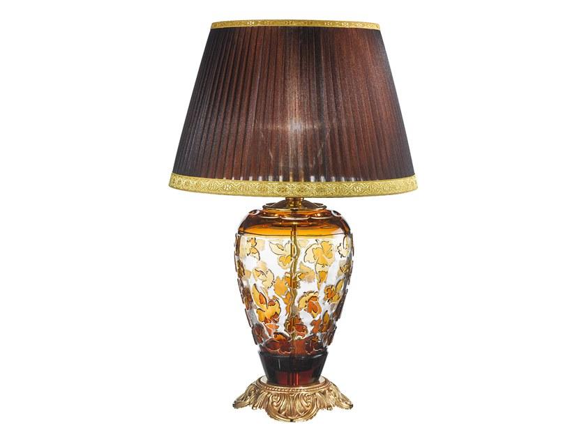 French Gold table lamp with amber crystal and silk shade | Ivy 7011/l by Possoni Illuminazione