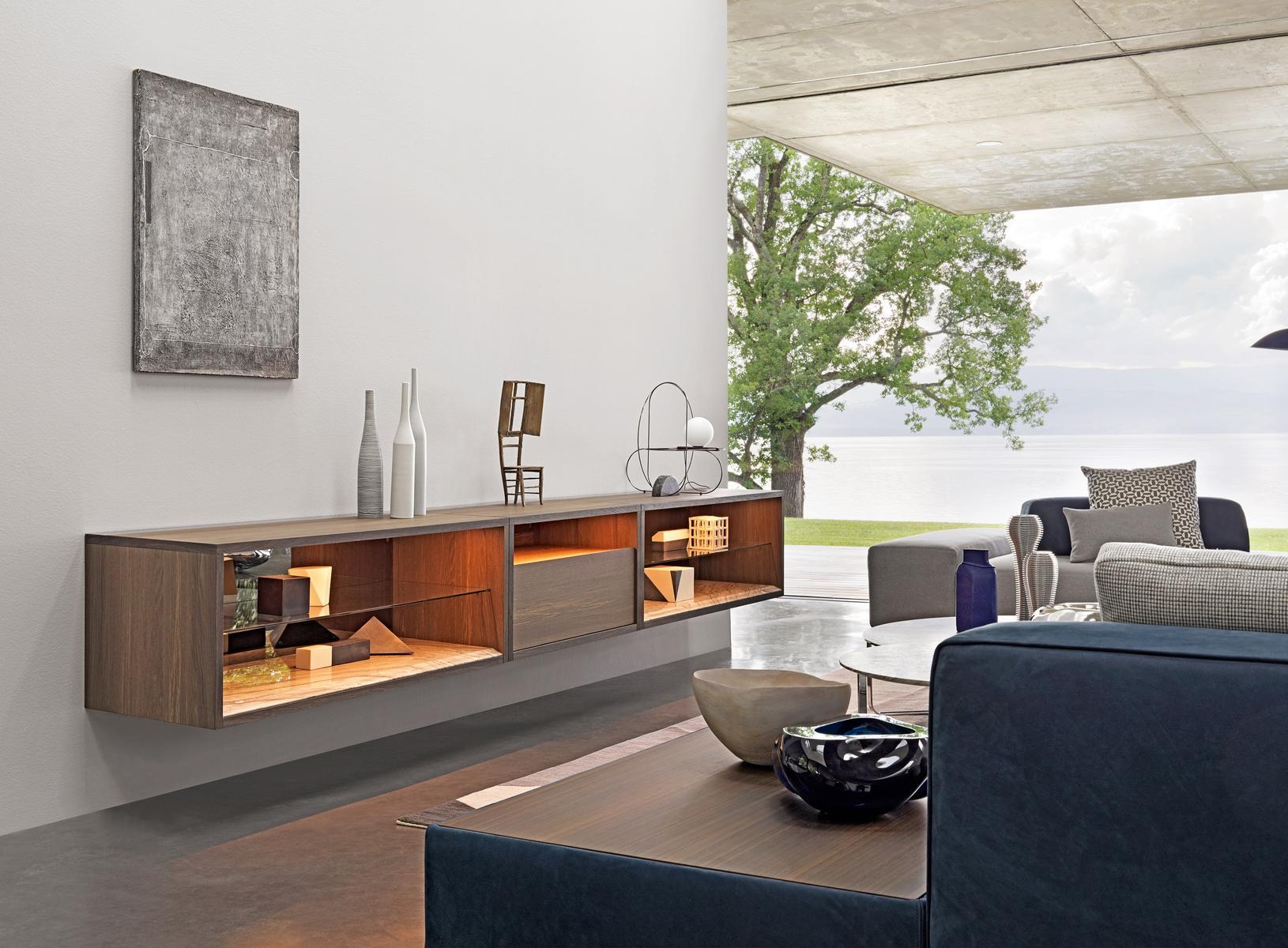 Sectional wall-mounted wooden storage wall | C-system by Flou