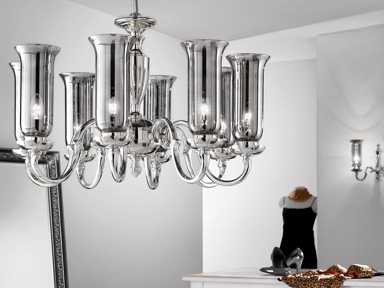 Polished nickel chandelier with platinum glass | Oscar 180/8 by Possoni Illuminazione
