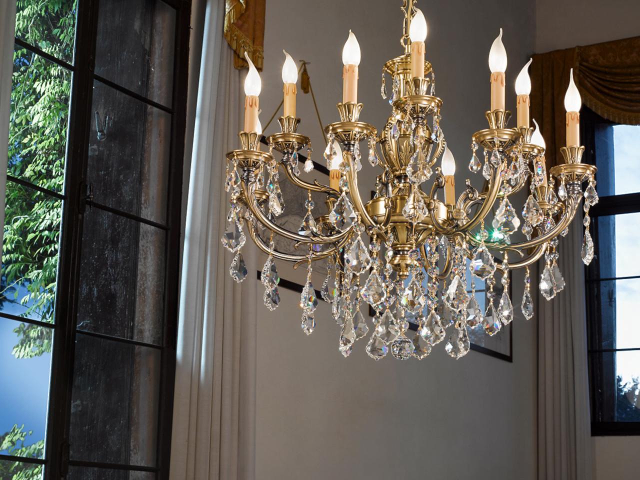 Antique Brass chandelier with Schoeler crystals | Windsor 888/8+4-sh/p by Possoni Illuminazione